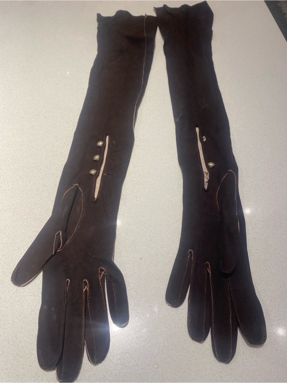 Long Brown Faux Sued Women's Dress Gloves with Button Detail